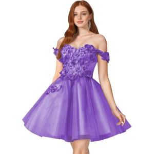 imageYoujiayi 3D Floral Short Homecoming Dresses for Teens Off Shoulder DAMA Dress for Quinceanera Puffy Beaded Short Prom GownPurple