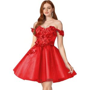 imageYoujiayi 3D Floral Short Homecoming Dresses for Teens Off Shoulder DAMA Dress for Quinceanera Puffy Beaded Short Prom GownRed