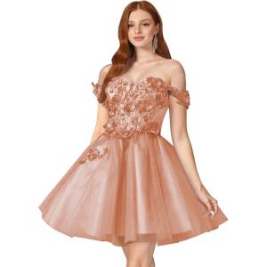 imageYoujiayi 3D Floral Short Homecoming Dresses for Teens Off Shoulder DAMA Dress for Quinceanera Puffy Beaded Short Prom GownRose Gold