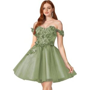 imageYoujiayi 3D Floral Short Homecoming Dresses for Teens Off Shoulder DAMA Dress for Quinceanera Puffy Beaded Short Prom GownSage Green