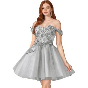 imageYoujiayi 3D Floral Short Homecoming Dresses for Teens Off Shoulder DAMA Dress for Quinceanera Puffy Beaded Short Prom GownSilver