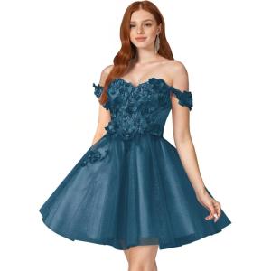 imageYoujiayi 3D Floral Short Homecoming Dresses for Teens Off Shoulder DAMA Dress for Quinceanera Puffy Beaded Short Prom GownTeal