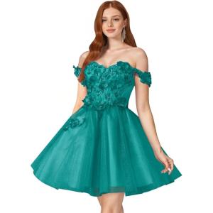 imageYoujiayi 3D Floral Short Homecoming Dresses for Teens Off Shoulder DAMA Dress for Quinceanera Puffy Beaded Short Prom GownTurquoise