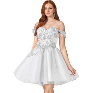 imageYoujiayi 3D Floral Short Homecoming Dresses for Teens Off Shoulder DAMA Dress for Quinceanera Puffy Beaded Short Prom GownWhite