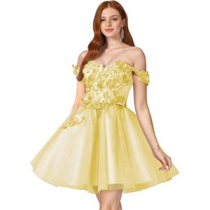 imageYoujiayi 3D Floral Short Homecoming Dresses for Teens Off Shoulder DAMA Dress for Quinceanera Puffy Beaded Short Prom GownYellow