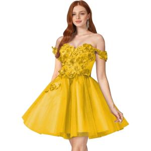 imageYoujiayi 3D Floral Short Homecoming Dresses for Teens Off Shoulder DAMA Dress for Quinceanera Puffy Beaded Short Prom GownYellow Dark