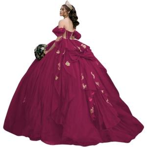 imageYoujiayi Gold Appliques Quinceanera Dresses with Bow Sparkly Beaded Sweet 16 Dresses for Women Off Shoulder Lace Ball GownBerry