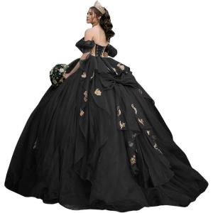 imageYoujiayi Gold Appliques Quinceanera Dresses with Bow Sparkly Beaded Sweet 16 Dresses for Women Off Shoulder Lace Ball GownBlack