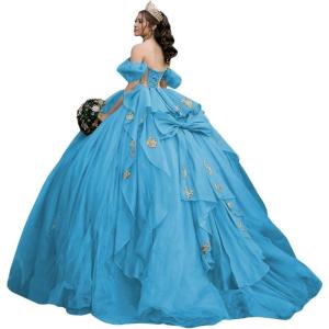 imageYoujiayi Gold Appliques Quinceanera Dresses with Bow Sparkly Beaded Sweet 16 Dresses for Women Off Shoulder Lace Ball GownBlue