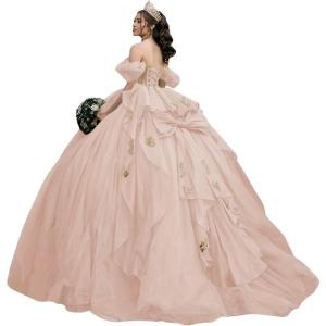 imageYoujiayi Gold Appliques Quinceanera Dresses with Bow Sparkly Beaded Sweet 16 Dresses for Women Off Shoulder Lace Ball GownBlush Pink