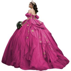 imageYoujiayi Gold Appliques Quinceanera Dresses with Bow Sparkly Beaded Sweet 16 Dresses for Women Off Shoulder Lace Ball GownBright Pink