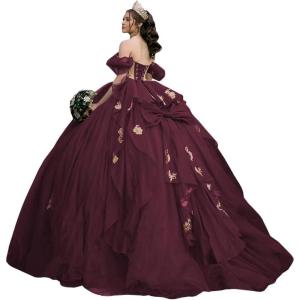 imageYoujiayi Gold Appliques Quinceanera Dresses with Bow Sparkly Beaded Sweet 16 Dresses for Women Off Shoulder Lace Ball GownDeep Burgundy