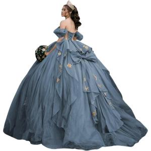 imageYoujiayi Gold Appliques Quinceanera Dresses with Bow Sparkly Beaded Sweet 16 Dresses for Women Off Shoulder Lace Ball GownDusty Blue