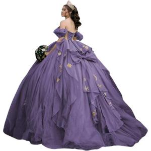 imageYoujiayi Gold Appliques Quinceanera Dresses with Bow Sparkly Beaded Sweet 16 Dresses for Women Off Shoulder Lace Ball GownDusty Purple