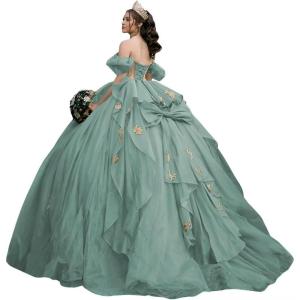 imageYoujiayi Gold Appliques Quinceanera Dresses with Bow Sparkly Beaded Sweet 16 Dresses for Women Off Shoulder Lace Ball GownDusty Sage