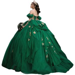 imageYoujiayi Gold Appliques Quinceanera Dresses with Bow Sparkly Beaded Sweet 16 Dresses for Women Off Shoulder Lace Ball GownEmerald Green