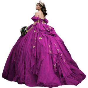 imageYoujiayi Gold Appliques Quinceanera Dresses with Bow Sparkly Beaded Sweet 16 Dresses for Women Off Shoulder Lace Ball GownFuchsia