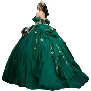 imageYoujiayi Gold Appliques Quinceanera Dresses with Bow Sparkly Beaded Sweet 16 Dresses for Women Off Shoulder Lace Ball GownGreen