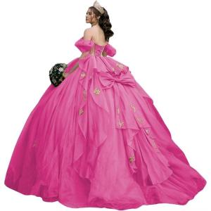 imageYoujiayi Gold Appliques Quinceanera Dresses with Bow Sparkly Beaded Sweet 16 Dresses for Women Off Shoulder Lace Ball GownHot Pink