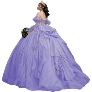 imageYoujiayi Gold Appliques Quinceanera Dresses with Bow Sparkly Beaded Sweet 16 Dresses for Women Off Shoulder Lace Ball GownLavender