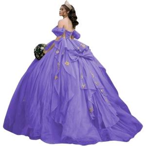 imageYoujiayi Gold Appliques Quinceanera Dresses with Bow Sparkly Beaded Sweet 16 Dresses for Women Off Shoulder Lace Ball GownLavender Deep