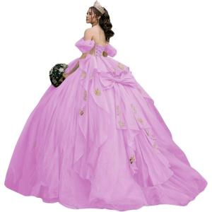 imageYoujiayi Gold Appliques Quinceanera Dresses with Bow Sparkly Beaded Sweet 16 Dresses for Women Off Shoulder Lace Ball GownLilac