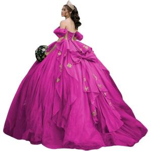 imageYoujiayi Gold Appliques Quinceanera Dresses with Bow Sparkly Beaded Sweet 16 Dresses for Women Off Shoulder Lace Ball GownMagenta