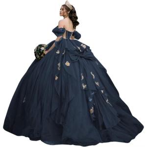 imageYoujiayi Gold Appliques Quinceanera Dresses with Bow Sparkly Beaded Sweet 16 Dresses for Women Off Shoulder Lace Ball GownNavy