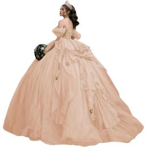 imageYoujiayi Gold Appliques Quinceanera Dresses with Bow Sparkly Beaded Sweet 16 Dresses for Women Off Shoulder Lace Ball GownPeach