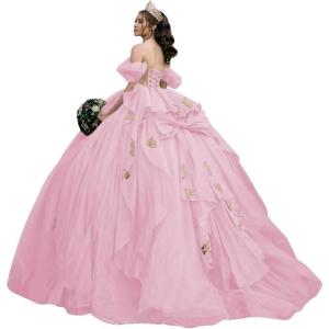 imageYoujiayi Gold Appliques Quinceanera Dresses with Bow Sparkly Beaded Sweet 16 Dresses for Women Off Shoulder Lace Ball GownPink
