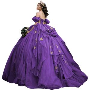 imageYoujiayi Gold Appliques Quinceanera Dresses with Bow Sparkly Beaded Sweet 16 Dresses for Women Off Shoulder Lace Ball GownPurple