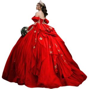 imageYoujiayi Gold Appliques Quinceanera Dresses with Bow Sparkly Beaded Sweet 16 Dresses for Women Off Shoulder Lace Ball GownRed