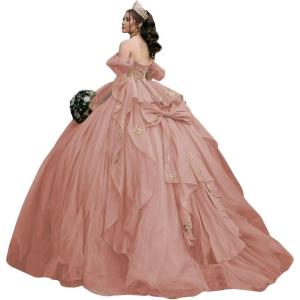 imageYoujiayi Gold Appliques Quinceanera Dresses with Bow Sparkly Beaded Sweet 16 Dresses for Women Off Shoulder Lace Ball GownRose Gold