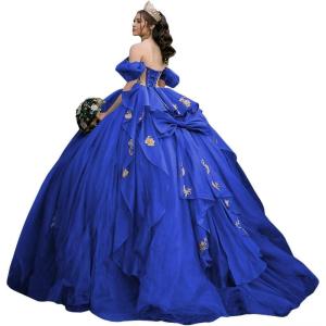 imageYoujiayi Gold Appliques Quinceanera Dresses with Bow Sparkly Beaded Sweet 16 Dresses for Women Off Shoulder Lace Ball GownRoyal Blue