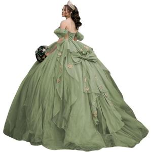 imageYoujiayi Gold Appliques Quinceanera Dresses with Bow Sparkly Beaded Sweet 16 Dresses for Women Off Shoulder Lace Ball GownSage Green