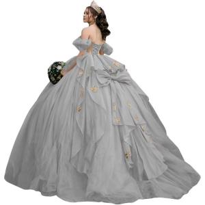 imageYoujiayi Gold Appliques Quinceanera Dresses with Bow Sparkly Beaded Sweet 16 Dresses for Women Off Shoulder Lace Ball GownSilver