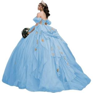 imageYoujiayi Gold Appliques Quinceanera Dresses with Bow Sparkly Beaded Sweet 16 Dresses for Women Off Shoulder Lace Ball GownSky Blue