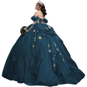 imageYoujiayi Gold Appliques Quinceanera Dresses with Bow Sparkly Beaded Sweet 16 Dresses for Women Off Shoulder Lace Ball GownTeal