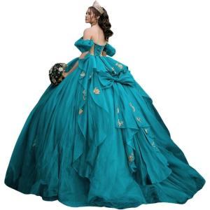 imageYoujiayi Gold Appliques Quinceanera Dresses with Bow Sparkly Beaded Sweet 16 Dresses for Women Off Shoulder Lace Ball GownTurquoise