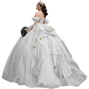imageYoujiayi Gold Appliques Quinceanera Dresses with Bow Sparkly Beaded Sweet 16 Dresses for Women Off Shoulder Lace Ball GownWhite