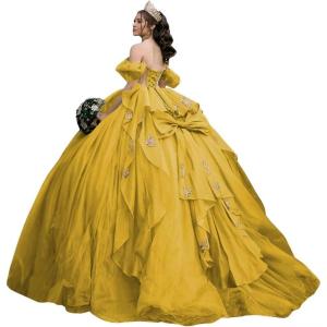 imageYoujiayi Gold Appliques Quinceanera Dresses with Bow Sparkly Beaded Sweet 16 Dresses for Women Off Shoulder Lace Ball GownYellow Dark