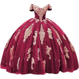 imageYoujiayi Gold Appliques Quinceanera Dresses with Train Puffy Lace Tulle Sweet 16 Dresses Sparkly Off Shoulder Long Ball GownBerry