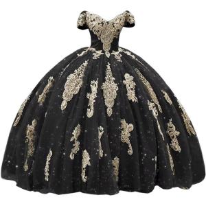 imageYoujiayi Gold Appliques Quinceanera Dresses with Train Puffy Lace Tulle Sweet 16 Dresses Sparkly Off Shoulder Long Ball GownBlack