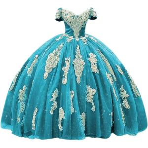 imageYoujiayi Gold Appliques Quinceanera Dresses with Train Puffy Lace Tulle Sweet 16 Dresses Sparkly Off Shoulder Long Ball GownBlue