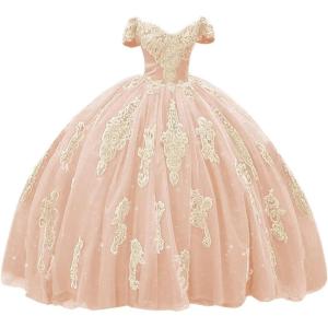 imageYoujiayi Gold Appliques Quinceanera Dresses with Train Puffy Lace Tulle Sweet 16 Dresses Sparkly Off Shoulder Long Ball GownBlush Pink