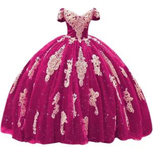 imageYoujiayi Gold Appliques Quinceanera Dresses with Train Puffy Lace Tulle Sweet 16 Dresses Sparkly Off Shoulder Long Ball GownBright Pink