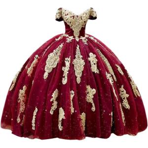 imageYoujiayi Gold Appliques Quinceanera Dresses with Train Puffy Lace Tulle Sweet 16 Dresses Sparkly Off Shoulder Long Ball GownBurgundy