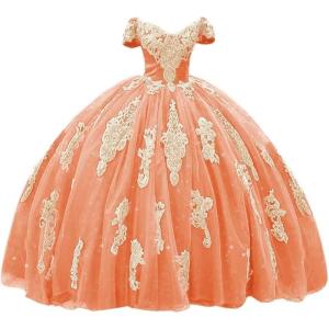 imageYoujiayi Gold Appliques Quinceanera Dresses with Train Puffy Lace Tulle Sweet 16 Dresses Sparkly Off Shoulder Long Ball GownCoral