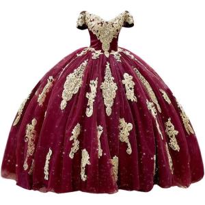 imageYoujiayi Gold Appliques Quinceanera Dresses with Train Puffy Lace Tulle Sweet 16 Dresses Sparkly Off Shoulder Long Ball GownDeep Burgundy