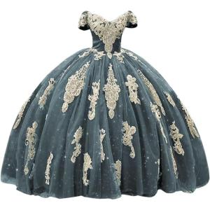 imageYoujiayi Gold Appliques Quinceanera Dresses with Train Puffy Lace Tulle Sweet 16 Dresses Sparkly Off Shoulder Long Ball GownDusty Blue